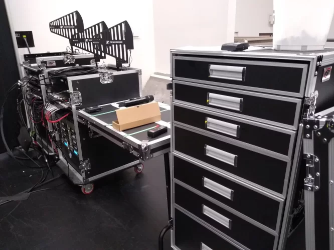 Custom portable church equipment racks with organized storage compartments and professional mobile church equipment cases